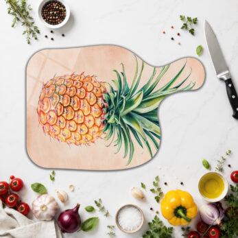 Ananas Desenli Yuvarlak Cam Kesme Tahtası | Şık Mutfak Dekorasyonu - Glazella
