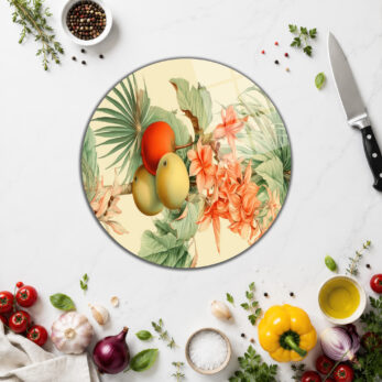 Tropikal Mango ve Çiçek Desenli Cam Kesme Tahtası - Glazella