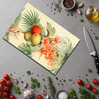 Tropikal Mango ve Çiçek Desenli Cam Kesme Tahtası - Glazella