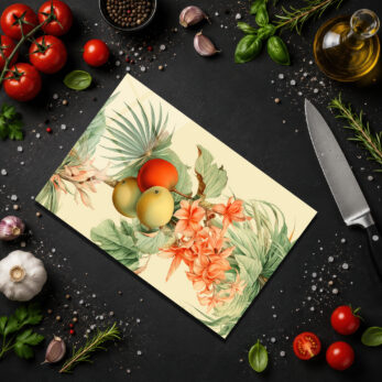 Tropikal Mango ve Çiçek Desenli Cam Kesme Tahtası - Glazella