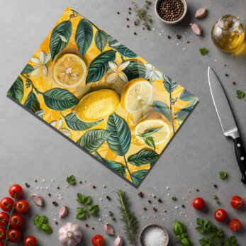 Canlı Limon Desenli Temperli Cam Kesme Tahtası - Mutfakta Şıklık ve Hijyen - Glazella