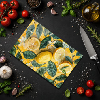 Canlı Limon Desenli Temperli Cam Kesme Tahtası - Mutfakta Şıklık ve Hijyen - Glazella