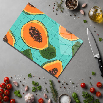 Tropikal Papaya Desenli Çok Amaçlı Cam Kesme Tahtası - Glazella