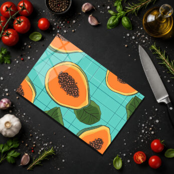 Tropikal Papaya Desenli Çok Amaçlı Cam Kesme Tahtası - Glazella