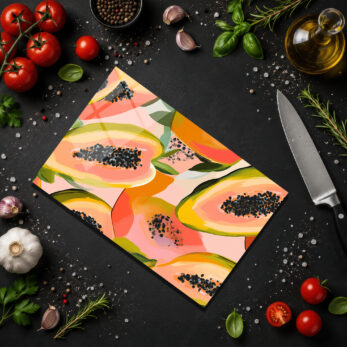 Tropik Papaya Desenli Şık Cam Kesme Tahtası - Mutfaklara Sanatsal Dokunuş - Glazella Tropik Papaya Desenli Şık Cam Kesme Tahtası - Mutfaklara Sanatsal Dokunuş - Glazella