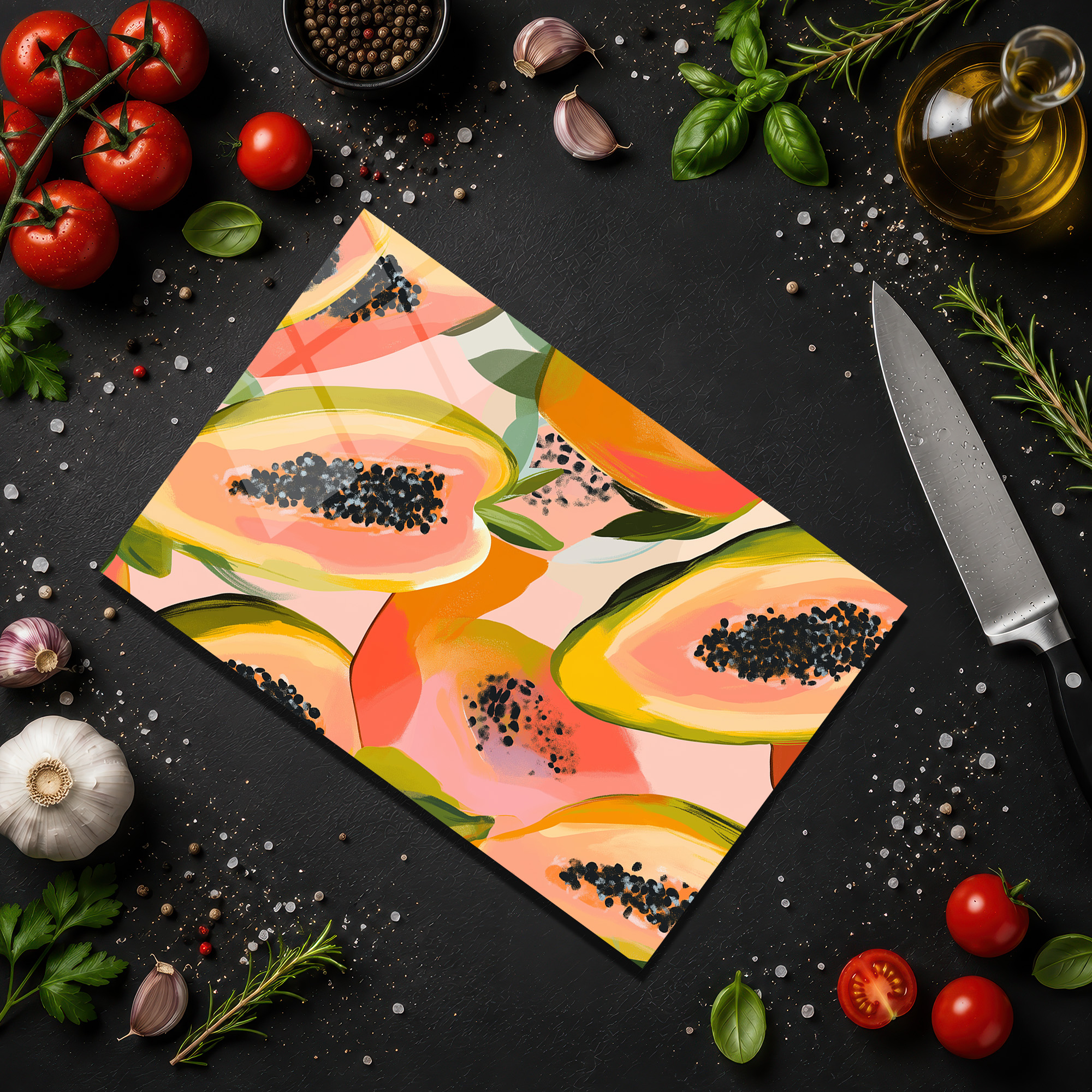 Tropik Papaya Desenli Şık Cam Kesme Tahtası - Mutfaklara Sanatsal Dokunuş - Glazella Tropik Papaya Desenli Şık Cam Kesme Tahtası - Mutfaklara Sanatsal Dokunuş - Glazella