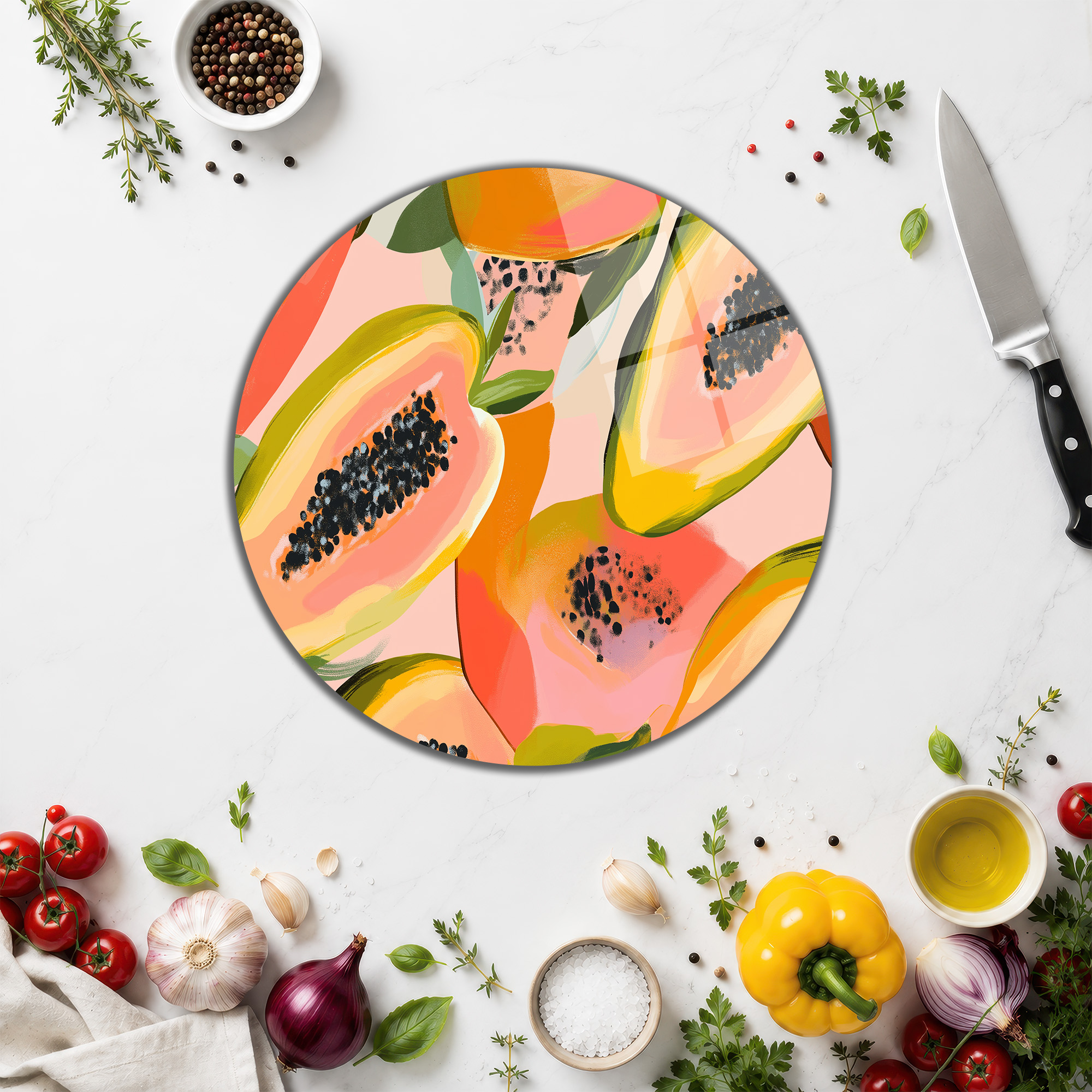 Tropik Papaya Desenli Şık Cam Kesme Tahtası - Mutfaklara Sanatsal Dokunuş - Glazella Tropik Papaya Desenli Şık Cam Kesme Tahtası - Mutfaklara Sanatsal Dokunuş - Glazella