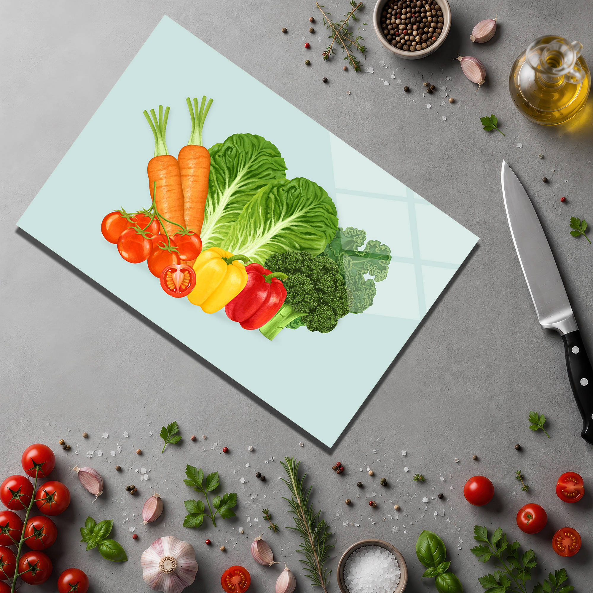 Canlı Sebzeler Desenli Yuvarlak Cam Kesme Tahtası - Glazella Canlı Sebzeler Desenli Yuvarlak Cam Kesme Tahtası - Glazella