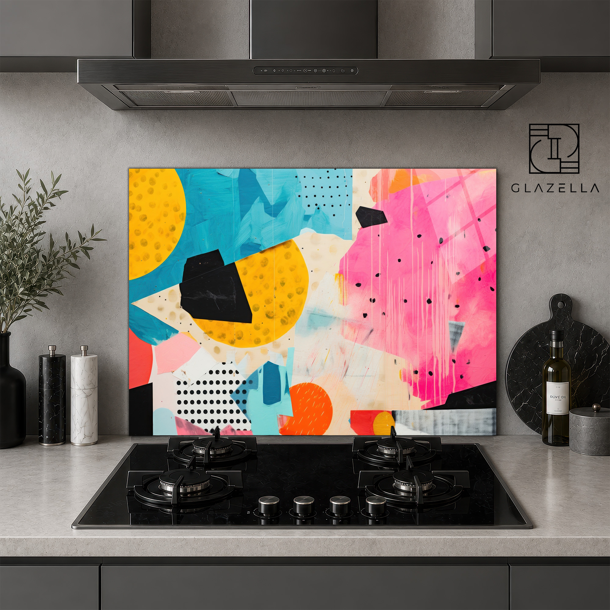 Canlı Soyut Sanat Desenli Ocak Arkası Koruyucu Cam Panel - Glazella Canlı Soyut Sanat Desenli Ocak Arkası Koruyucu Cam Panel - Glazella