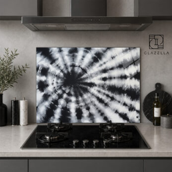Dinamik Spiral Desenli Siyah Beyaz Ocak Arkası Koruyucu Cam - Glazella