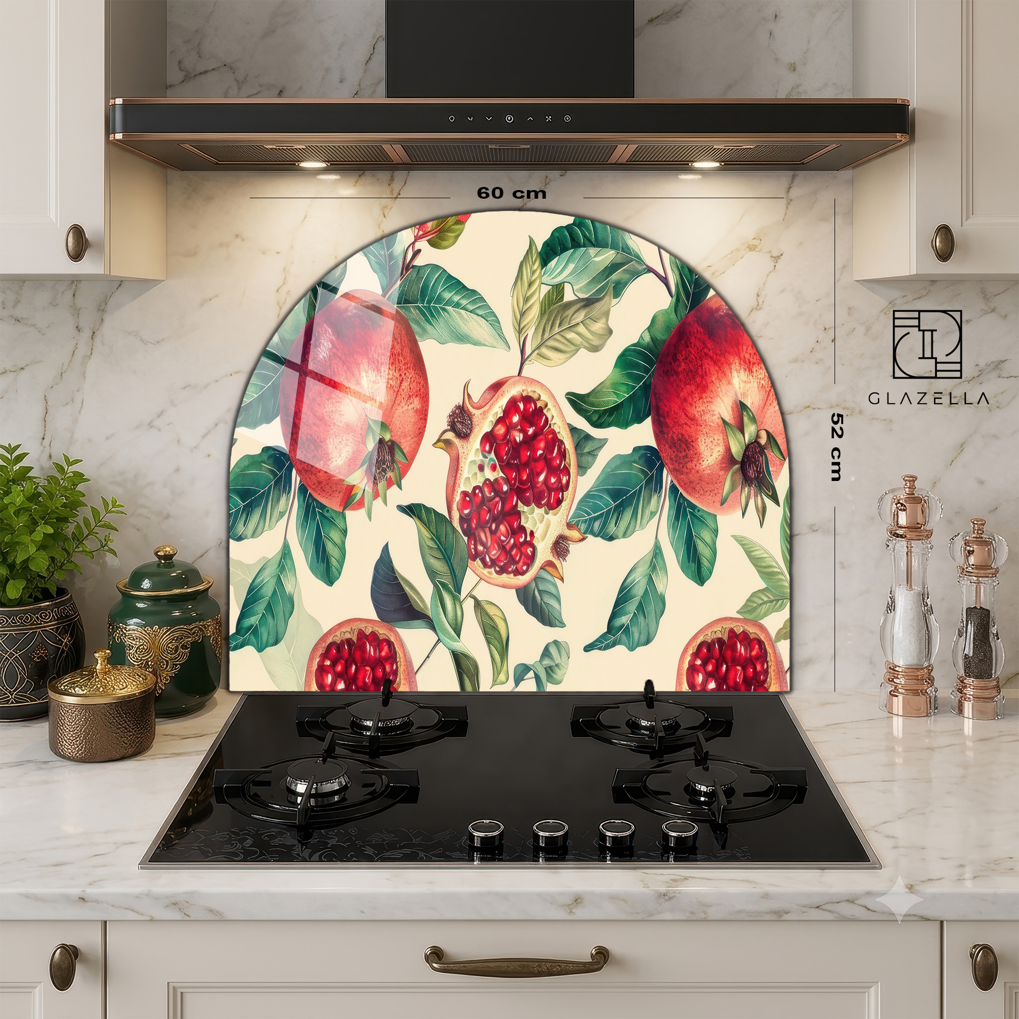 Canlı Nar Desenli Modern Ocak Arkası Koruyucu Cam Panel - Glazella Canlı Nar Desenli Modern Ocak Arkası Koruyucu Cam Panel - Glazella