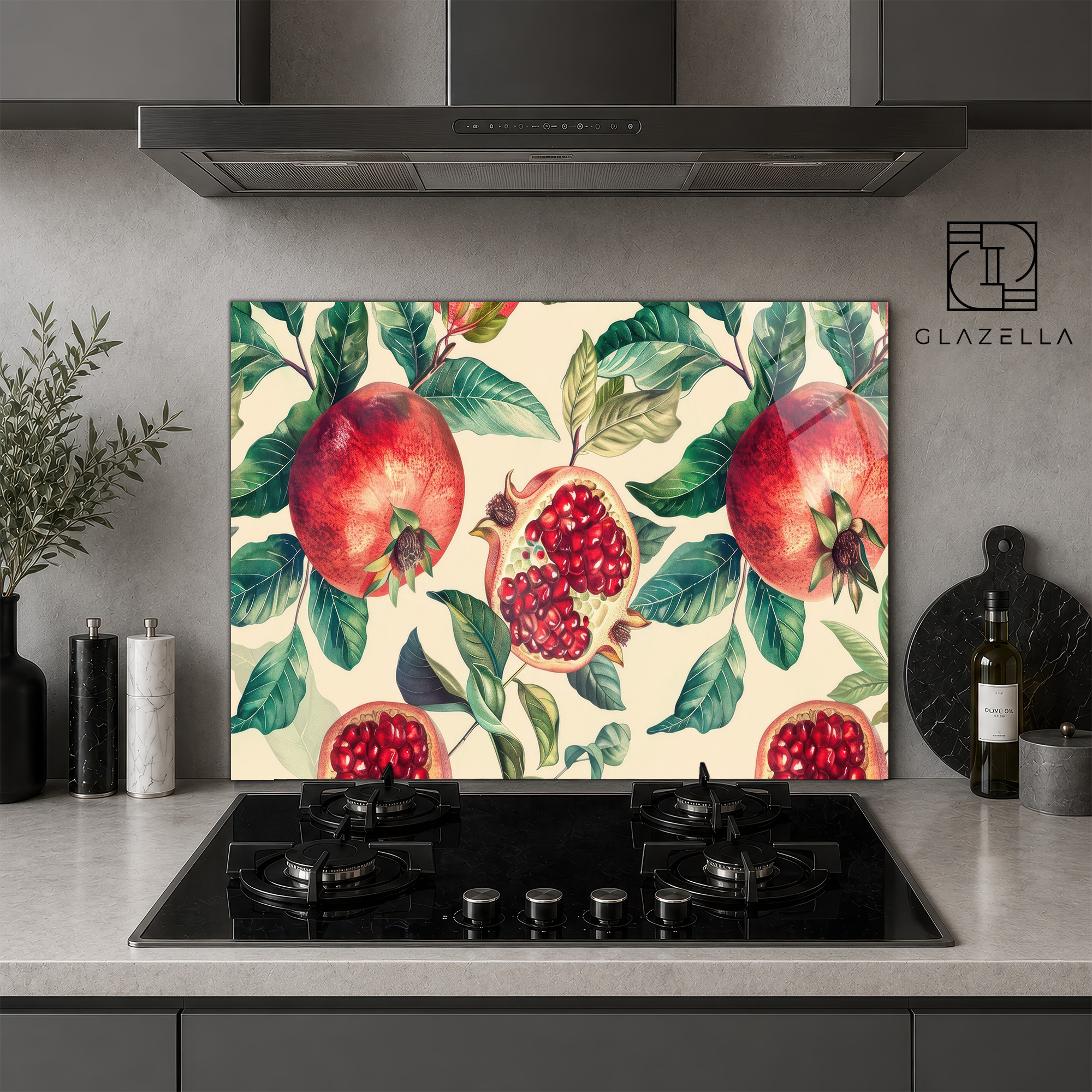 Canlı Nar Desenli Modern Ocak Arkası Koruyucu Cam Panel - Glazella Canlı Nar Desenli Modern Ocak Arkası Koruyucu Cam Panel - Glazella
