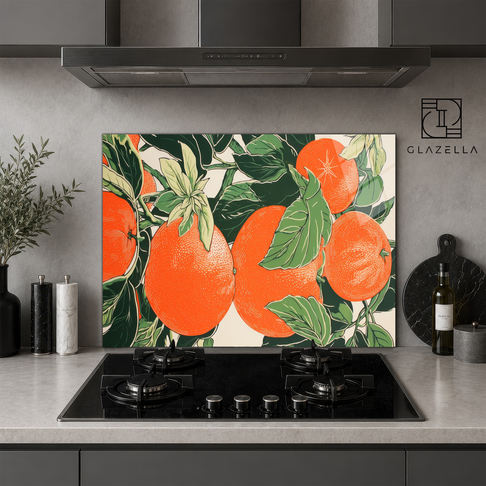 Canlı Portakal Desenli Ocak Arkası Koruyucu Cam Panel - Glazella Canlı Portakal Desenli Ocak Arkası Koruyucu Cam Panel - Glazella