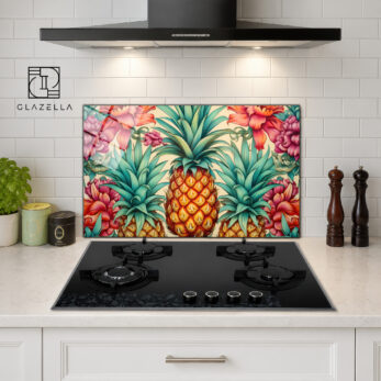 Tropik Ananas ve Çiçek Desenli Ocak Arkası Koruyucu Cam - Glazella