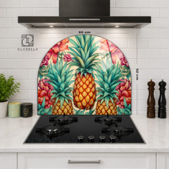 Tropik Ananas ve Çiçek Desenli Ocak Arkası Koruyucu Cam - Glazella