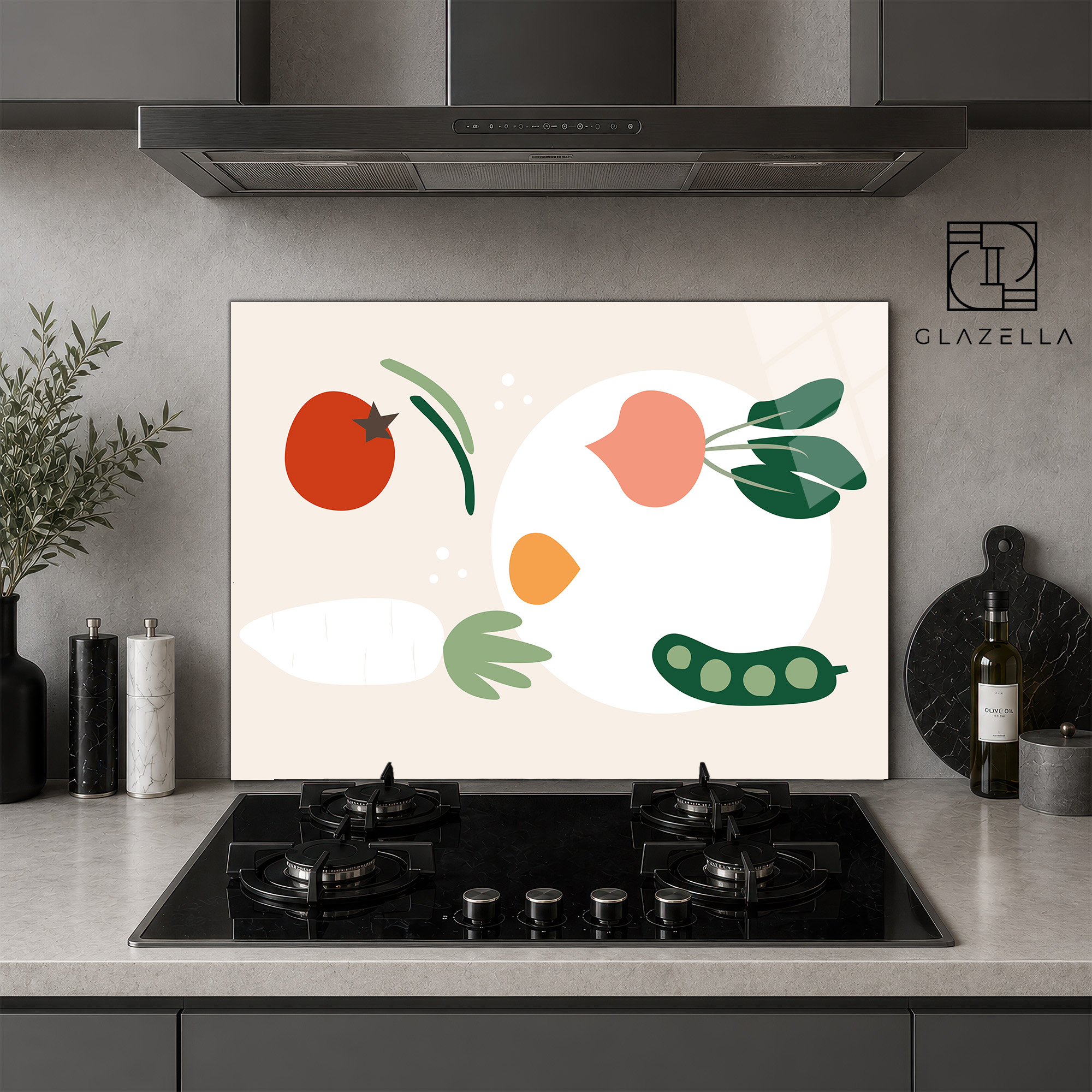 Minimalist Sebzeler Sanatlı Ocak Arkası Koruyucu Cam - Glazella Minimalist Sebzeler Sanatlı Ocak Arkası Koruyucu Cam - Glazella