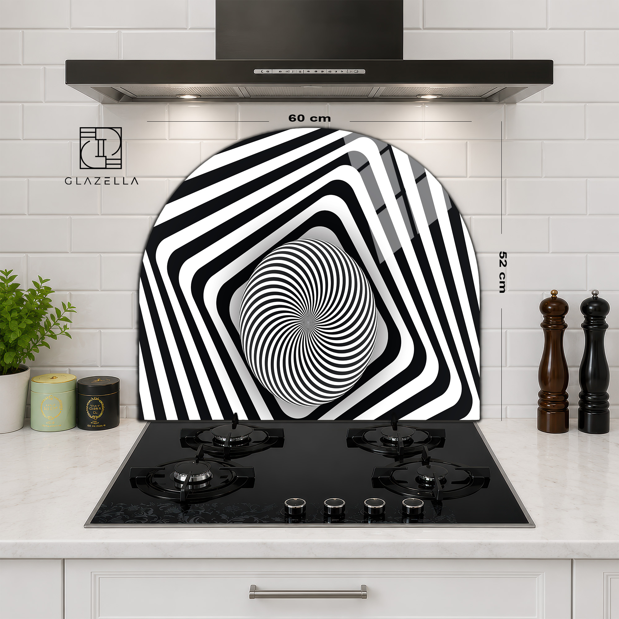 Duvar Tablolarının Psikolojik Faydaları ve Yaşam Alanlarına Etkisi - Glazella Siyah beyaz hipnotik spiral desene sahip, modern bir mutfakta ocak arkasına monte edilmiş cam sıçrama paneli. Beyaz fayans ve siyah davlumbaz ile uyumlu.