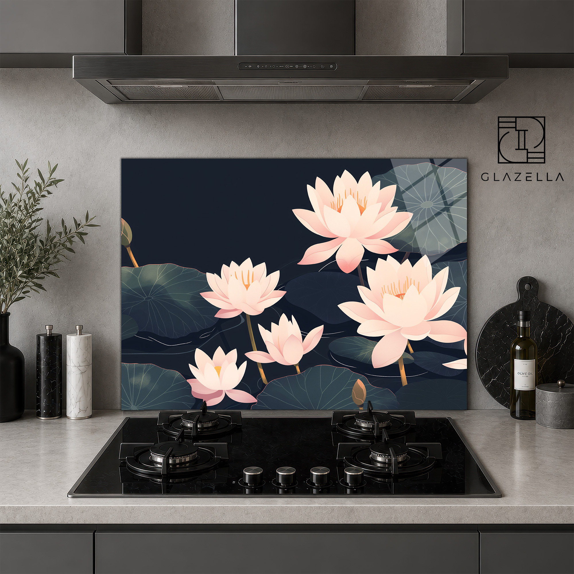 Pembe Nilüferler ve Göl Temalı Ocak Arkası Koruyucu Cam - Glazella Pembe Nilüferler ve Göl Temalı Ocak Arkası Koruyucu Cam - Glazella