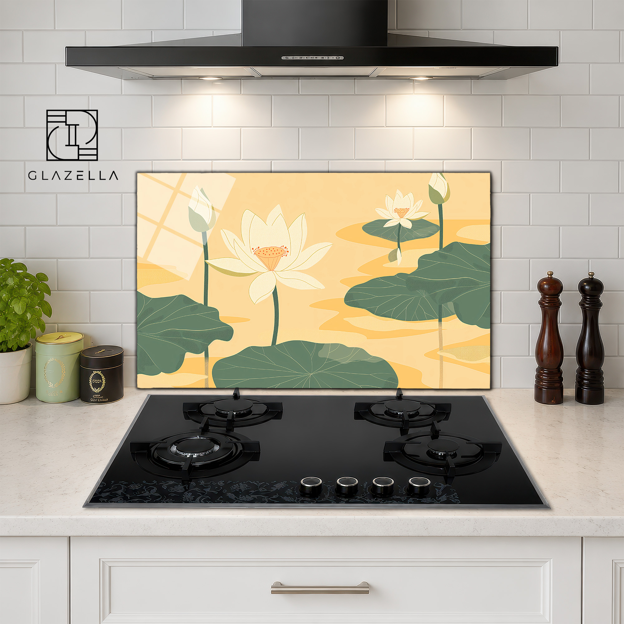 Lotus Bahçesi Desenli Ocak Arkası Koruyucu Cam - Glazella Lotus Bahçesi Desenli Ocak Arkası Koruyucu Cam - Glazella