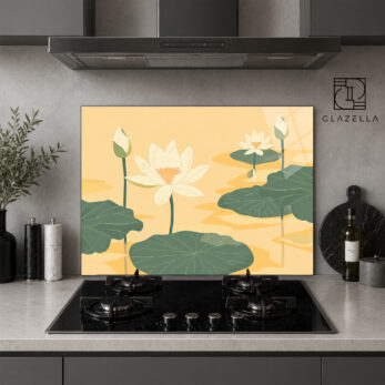 Lotus Bahçesi Desenli Ocak Arkası Koruyucu Cam - Glazella Lotus Bahçesi Desenli Ocak Arkası Koruyucu Cam - Glazella