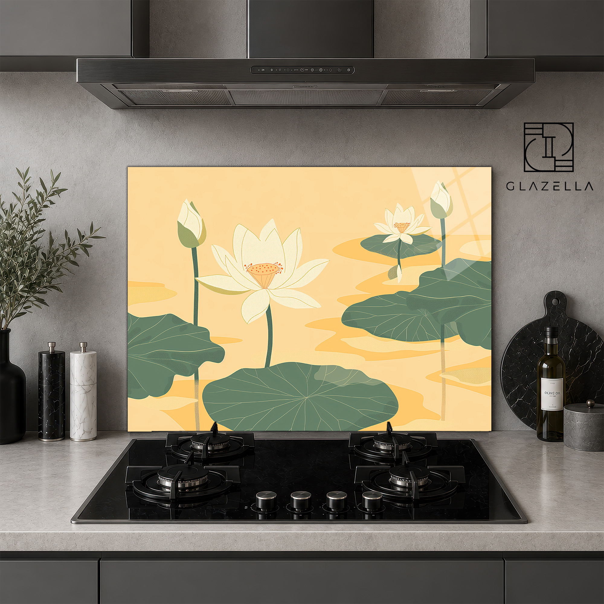 Lotus Bahçesi Desenli Ocak Arkası Koruyucu Cam - Glazella Lotus Bahçesi Desenli Ocak Arkası Koruyucu Cam - Glazella